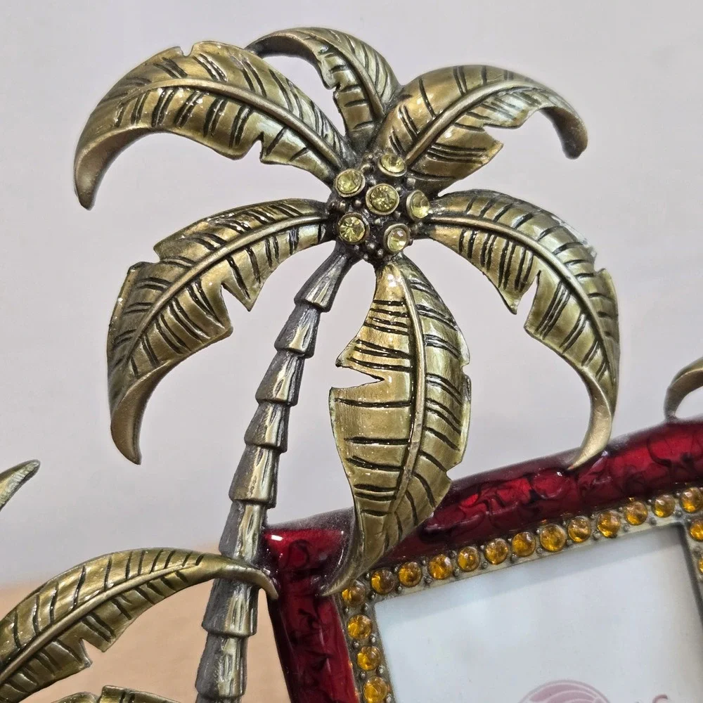 Papyrus Tropical Palm Tree‎ Picture Frame Red Enamel Gold Metal Rhinestone 2x3
